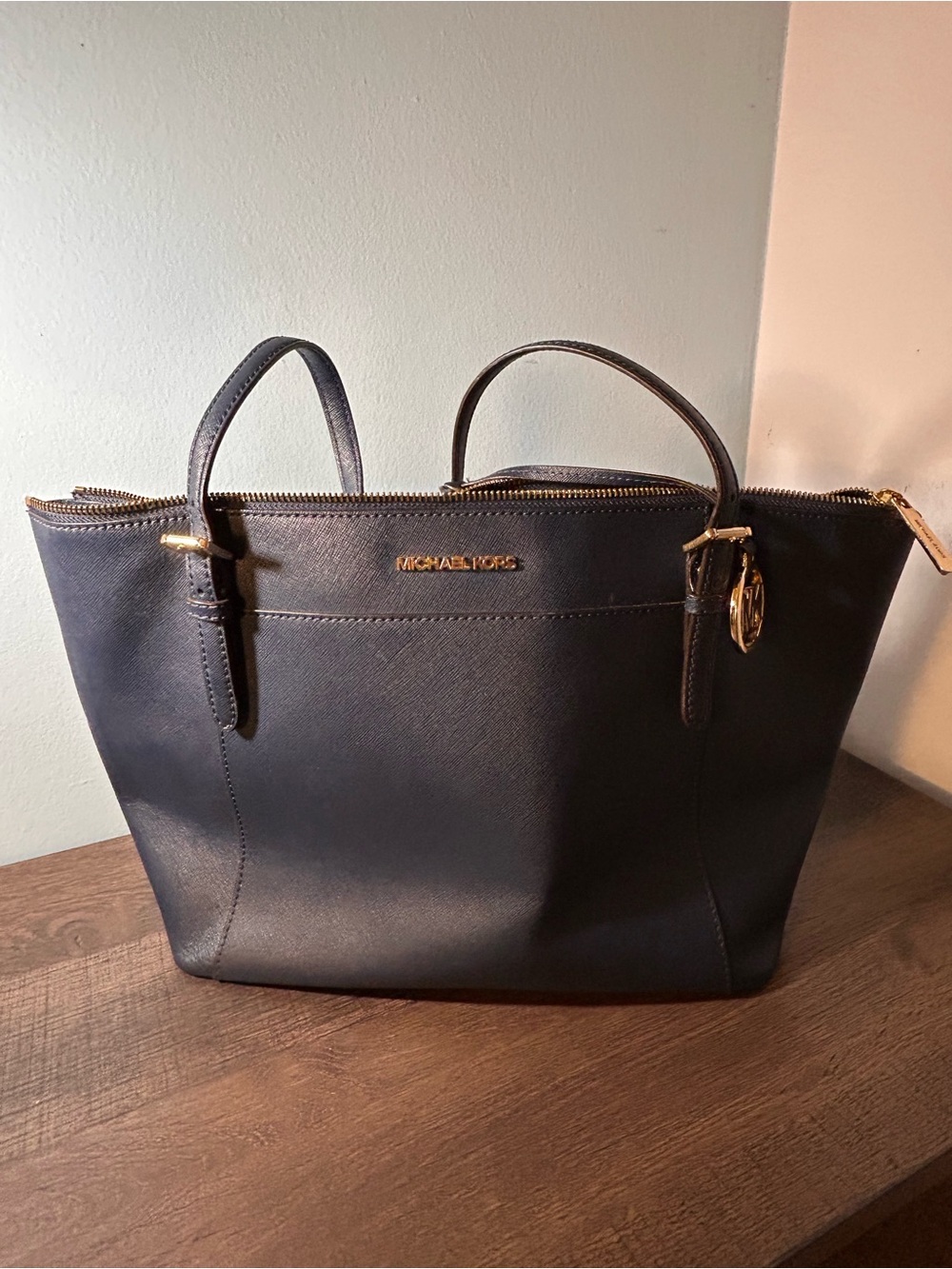 Michael Kors Navy Saffiano Leather Zip-Top Tote